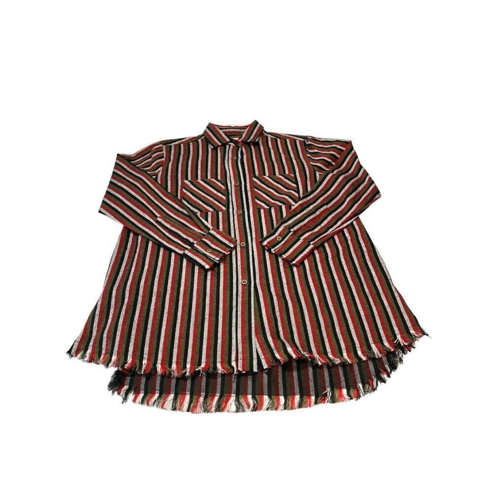 One 24 Rags Flannel Shirt Womens Red Green Striped Fringe Hem Button Up Small